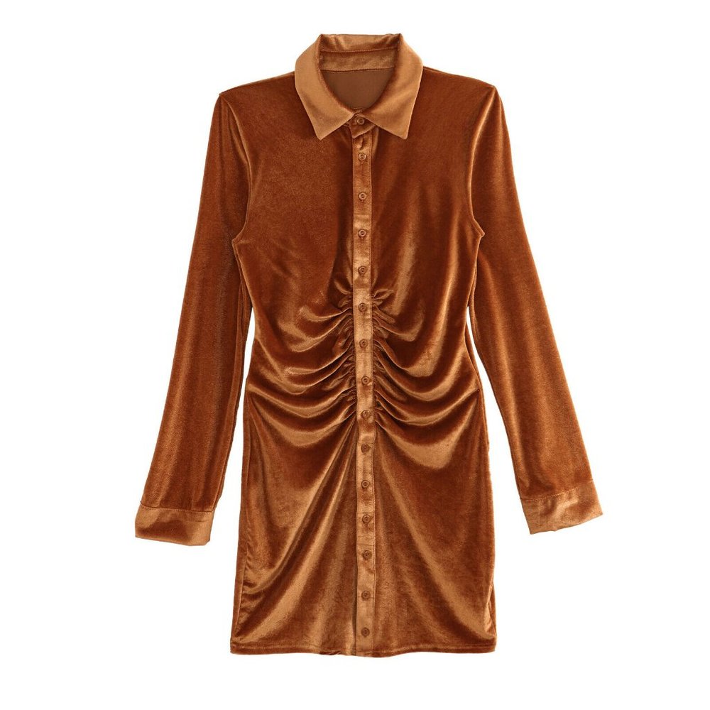 Ruched Long Sleeve Mini Shirt Dress - Picture 3 of 15